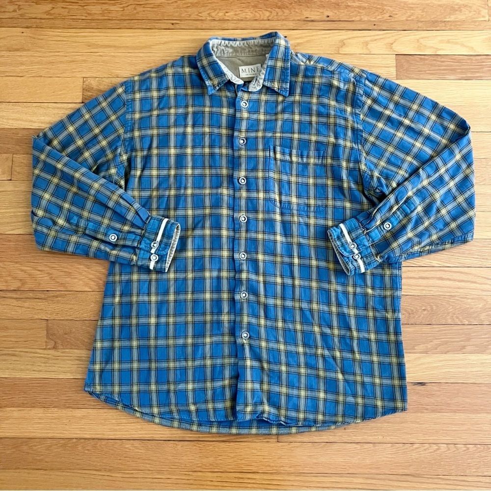Mine Blue Yellow Plaid Button Down Classic Fit Corduroy Collar Shirt Large